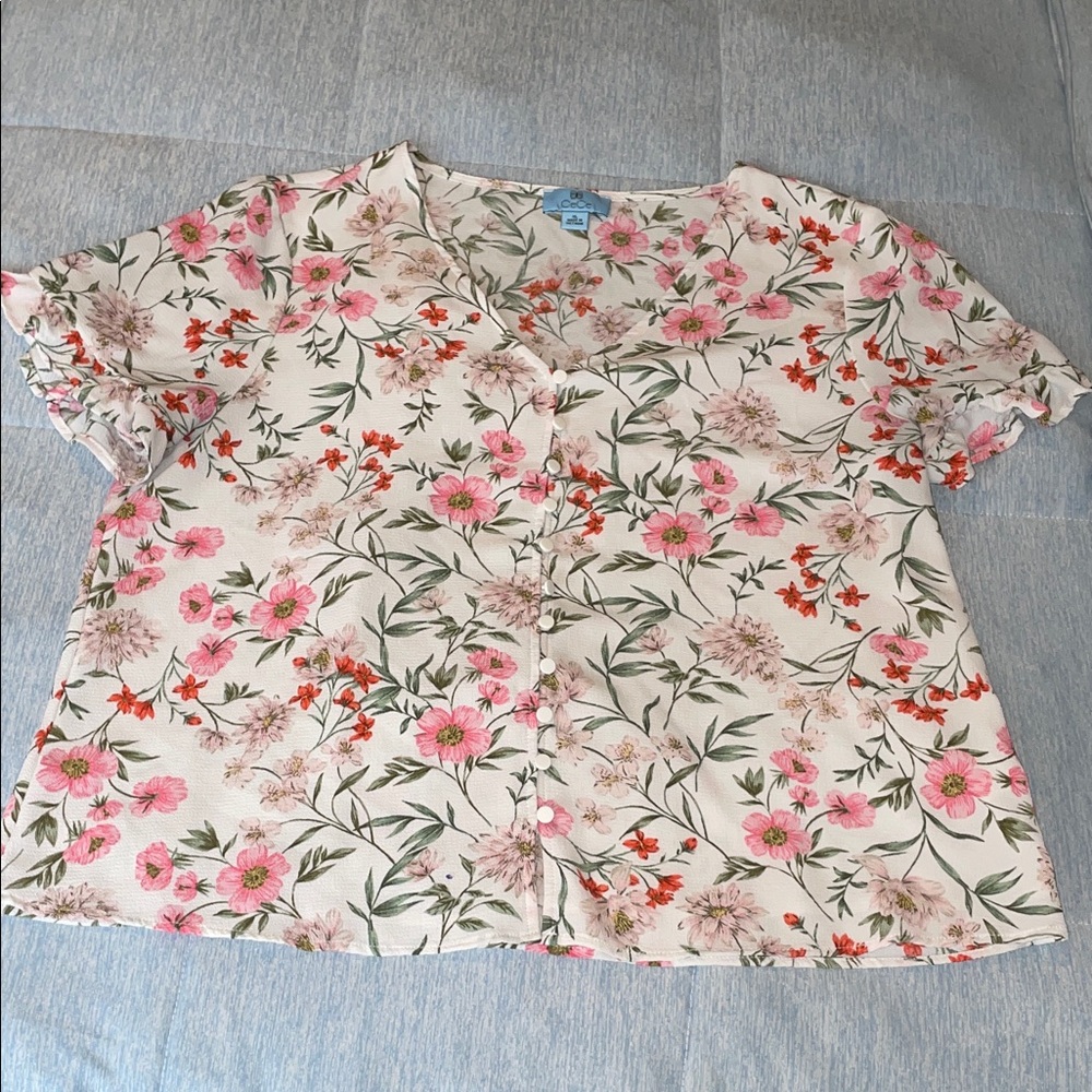 CeCe Cream Floral Button Front Blouse with Pink & Coral Flowers
